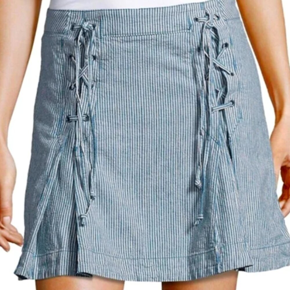 Free People Railroad Stripe Blue Tie Pleat Mini Skirt